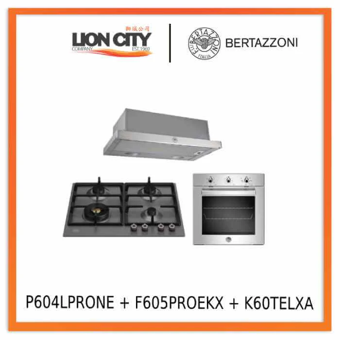 Bertazzoni P604LPROX 60cm 4-Burner Gas + F605PROEKX 5 Function Oven + K60TELXA Hood