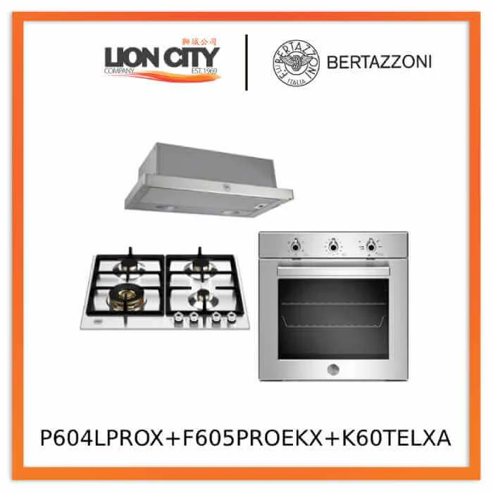 Bertazzoni P604LPROX 60 cm Gas hob with wok+F605PROEKX 60cm Electric Built-in Ovens 5 functions+K60TELXA 60 cm telescopic hood