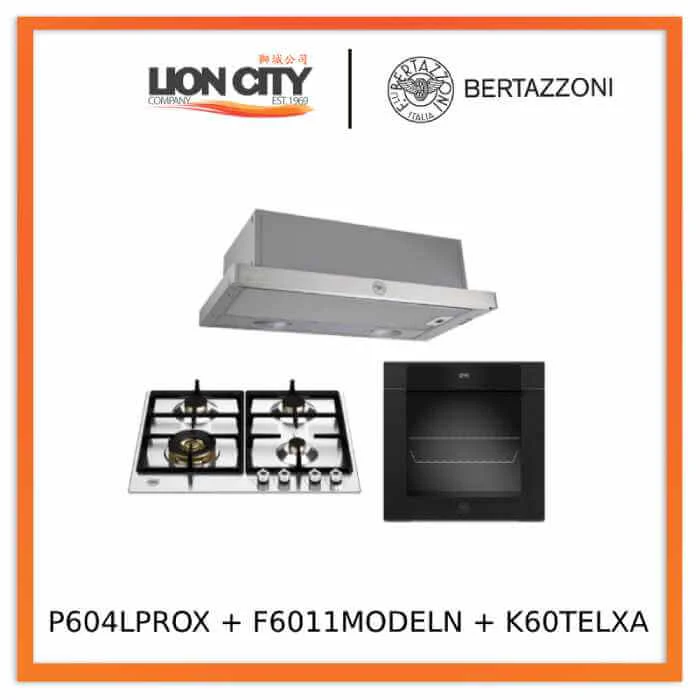 Bertazzoni P604LPROX/NE 60cm Gas Hob + F6011MODELN 11 Function Oven + K60TELXA Telescopic Hood