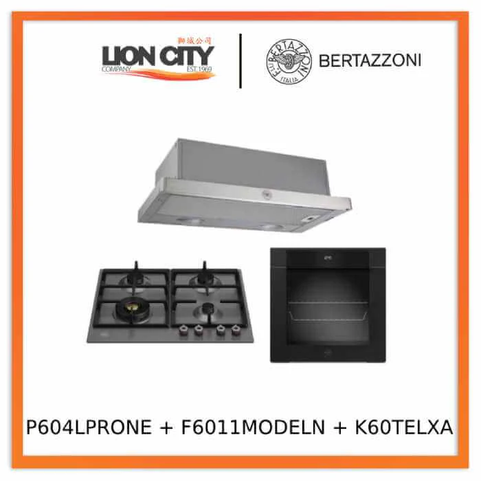 Bertazzoni P604LPROX/NE 60cm Gas Hob + F6011MODELN 11 Function Oven + K60TELXA Telescopic Hood - Image 3