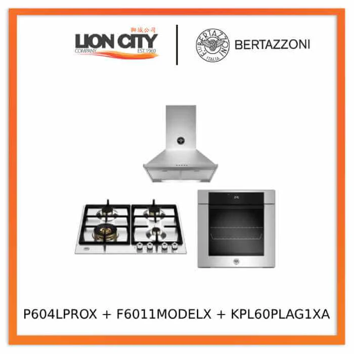 Bertazzoni P604LPROX/NE 60cm Gas Hob + F6011MODELX 11 Function Oven + KPL60PLAG1XA Wall-Mount Hood