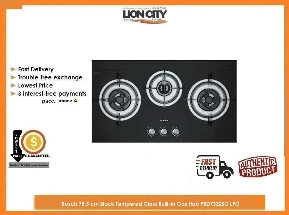 Bosch 78.5 cm Black Tempered Glass Built-In Gas Hob PBD7332SG LPG - Image 2