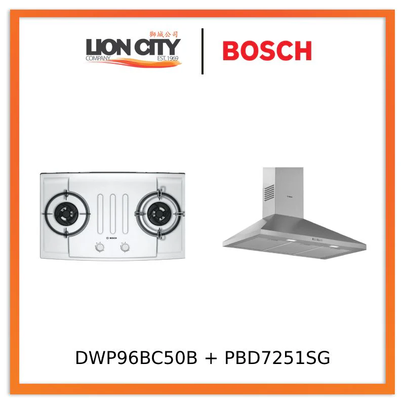 Bosch DWP96BC50B Series 2 Wall-mounted cooker hood 90 cm + PBD7251SG Series 2 Gas hob Stainless steel