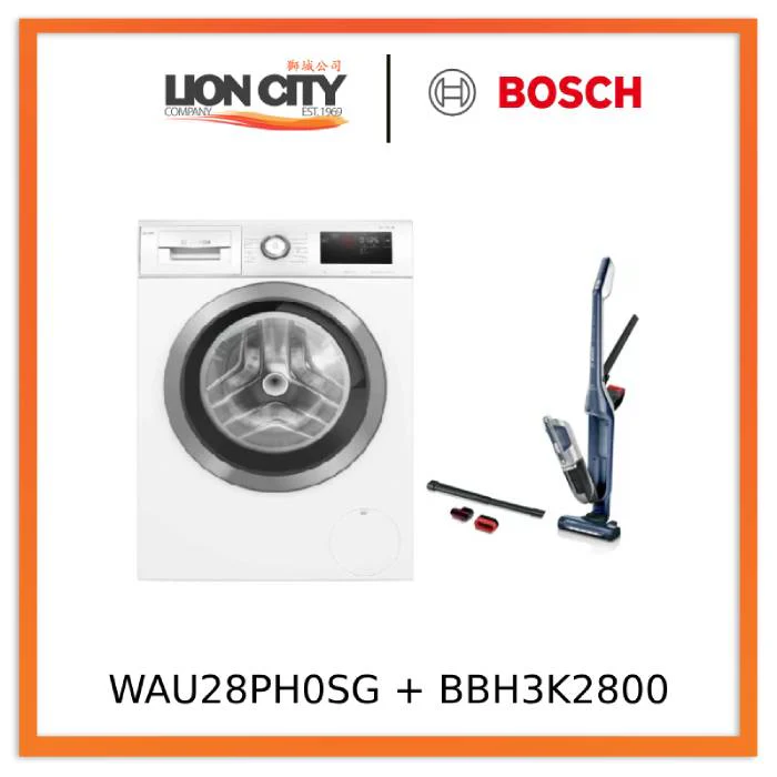 Bosch WAU28PH0SG Front Load Washer (9kg) + Bosch BBH3K2800 Handstick Vacuum