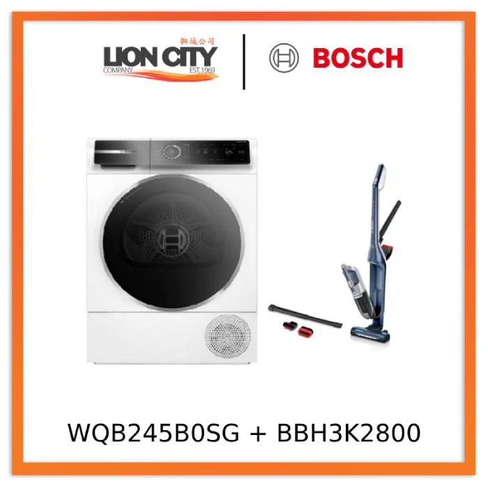 Bosch WQB245B0SG Heat Pump Dryer (8kg) + Bosch BBH3K2800 Handstick Vacuum