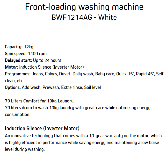 Brandt 12kg Front Load Washing Machine BWF1214AG - Image 5