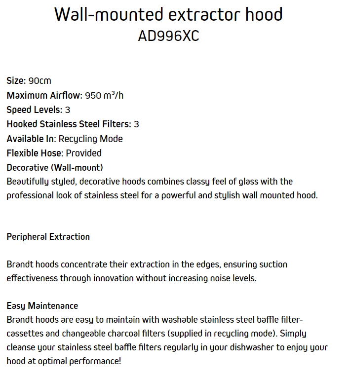 BRANDT 90cm Wall-mounted extractor hood AD996XC - Image 3
