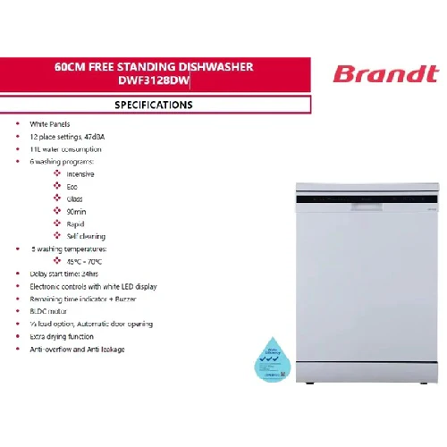 Brandt DWF3128DW 60cm 12 Place Settings White Free Standing Dishwasher - Image 4