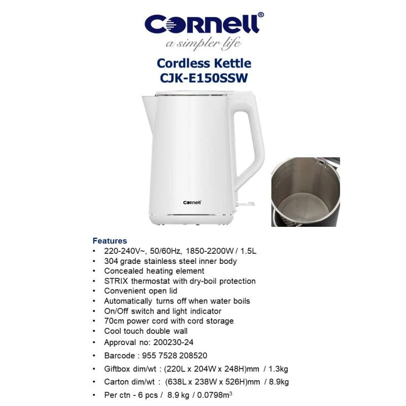 Cornell CJKE150SSB/SW 1.5L Cool Touch Double Wall Cordless Kettle with full inner Stainless Steel - Image 3