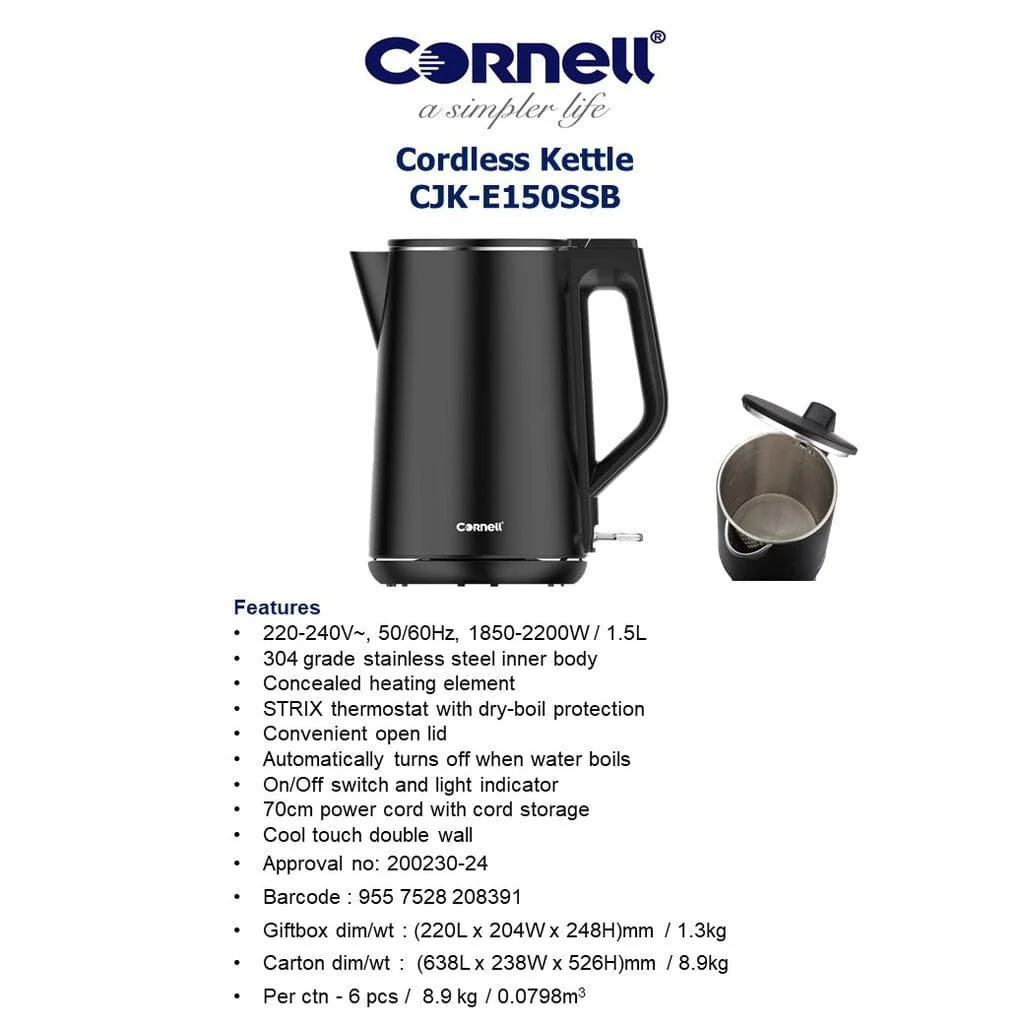 Cornell CJKE150SSB/SW 1.5L Cool Touch Double Wall Cordless Kettle with full inner Stainless Steel - Image 5