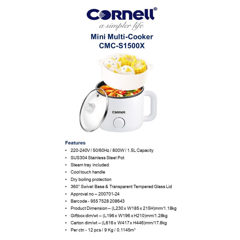 Cornell 1.5L Mini Multi Cooker with Steam Tray CMCS1500X - Image 4