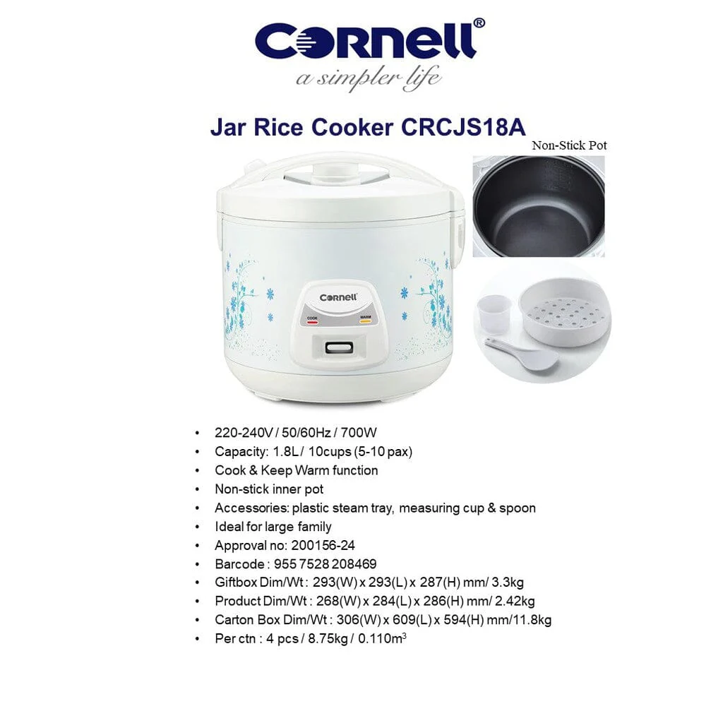 Cornell 1.8L Jar Rice Cooker CRCJS18A - Image 2