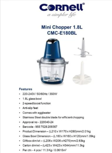 Cornell 1.8L Mini Chopper CMCE180BL - Image 2