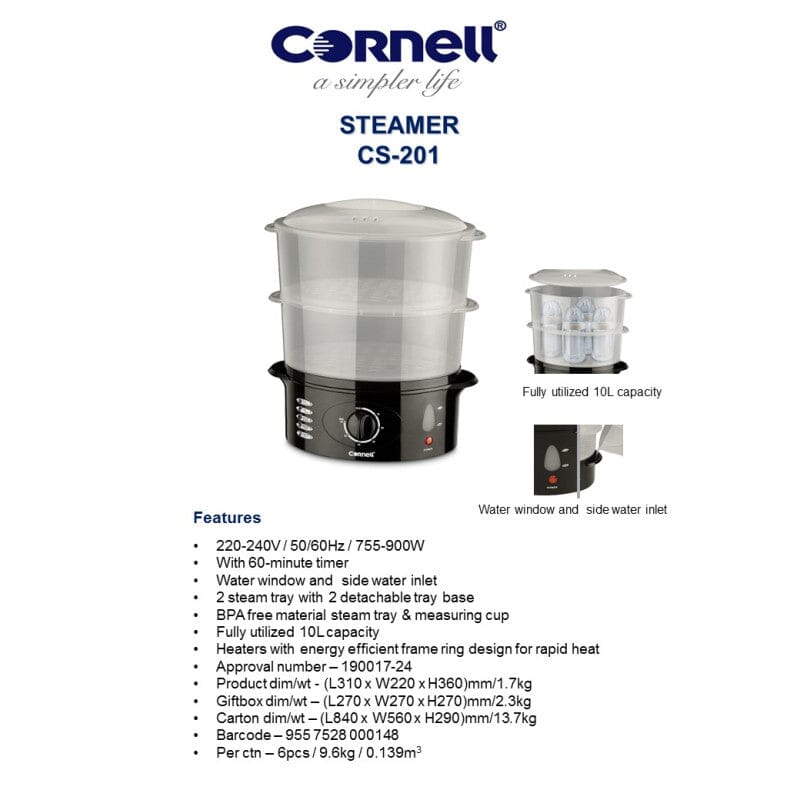 Cornell 2 Tier Daily Food Steamer 10L Capacity CS201 - Image 2