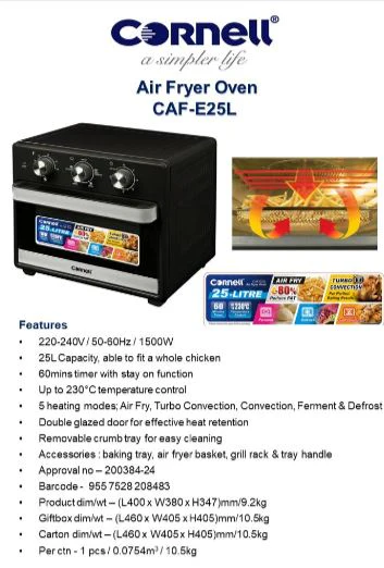 Cornell 25L Air Fryer Oven with Turbo Convection Function CAFE25L - Image 2