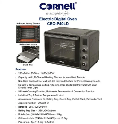Cornell 40L Digital Electric Oven CEOP40LD with Accurate Temperature Control - Image 2
