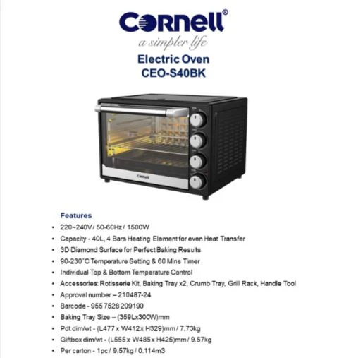 Cornell 40L Electric Oven with Individual Temperature Control CEOS40BK - Image 2