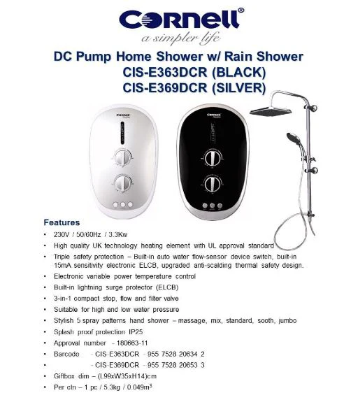 CORNELL CISE363DCR BK/ CISE363DCR SIL INSTANT SHOWER WITH RAIN SHOWER (DC PUMP) - Image 3