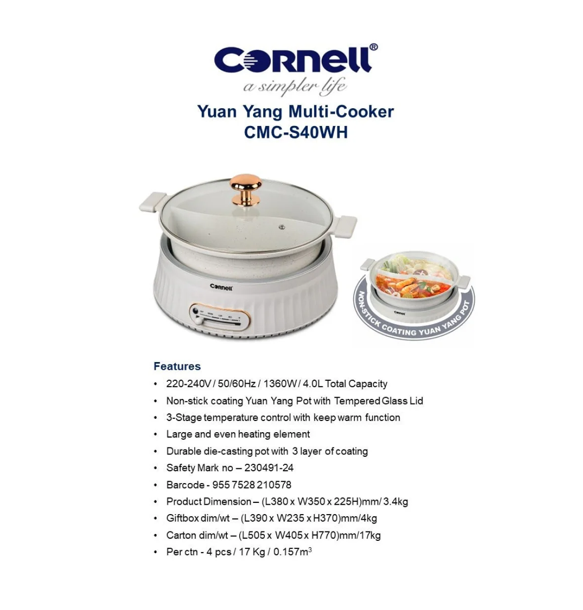 Cornell CMCS40WH Yuan Yang Multi Cooker 4L - Image 4