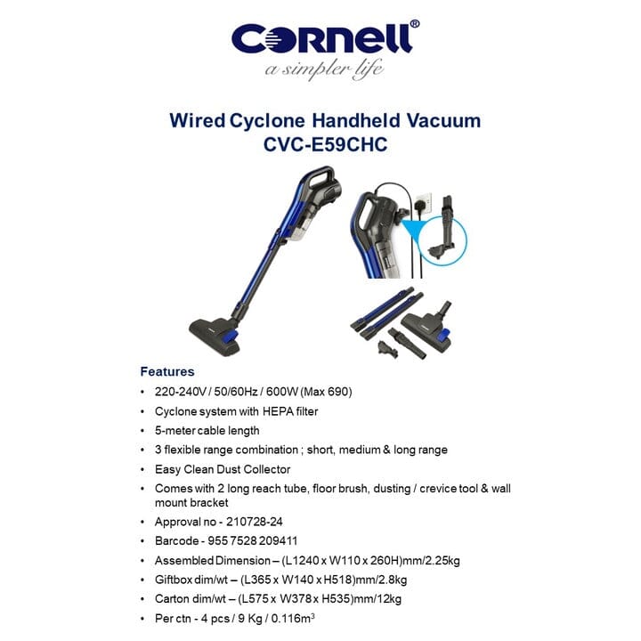 Cornell Cyclone Wired Handheld Vacuum Cleaner (CVCE59CHC) - Image 4