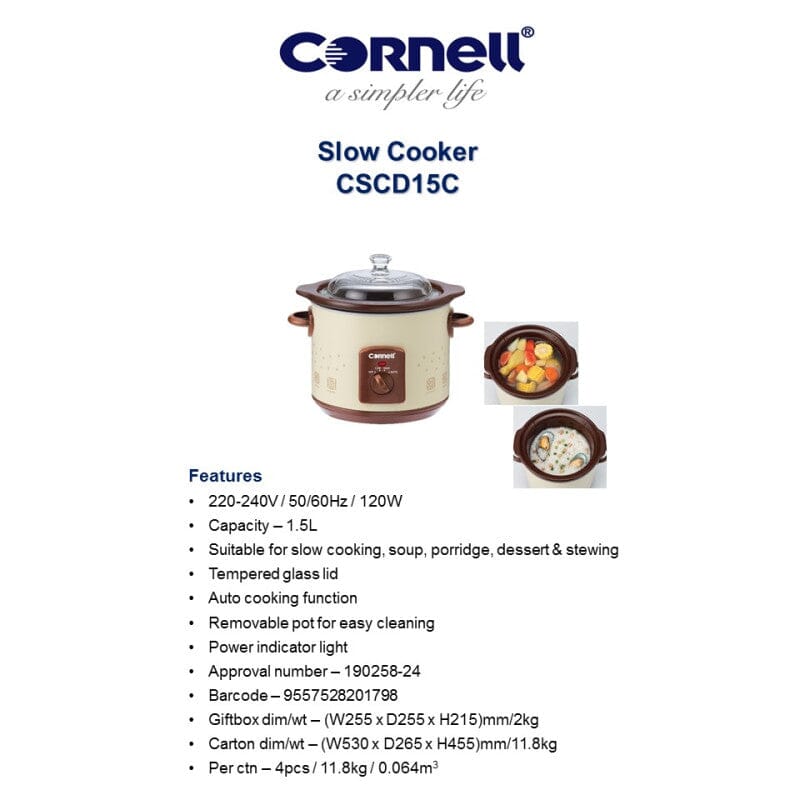 Cornell Electric Slow Cooker 1.5L Ceramic Pot CSCD15C - Image 4