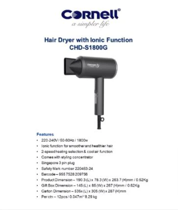 Cornell Hair Dryer 1800W, Ionic Hair Dryer with Styling Nozzle CHDS1800G - Image 4