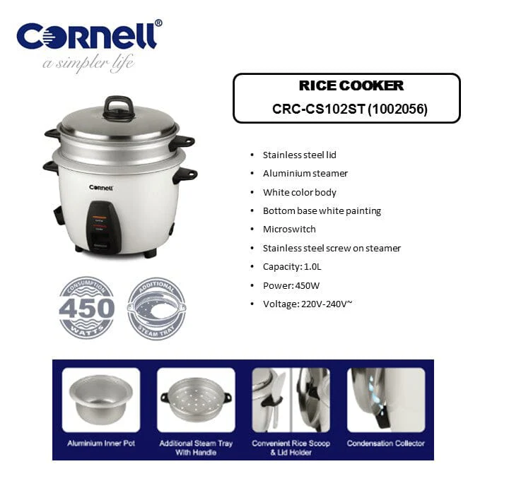 Cornell Rice 1.0L Conventional Rice Cooker CRCCS102ST - Image 2