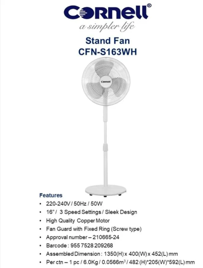 Cornell Stand Fan 16 Inch CFNS163WH - Image 3