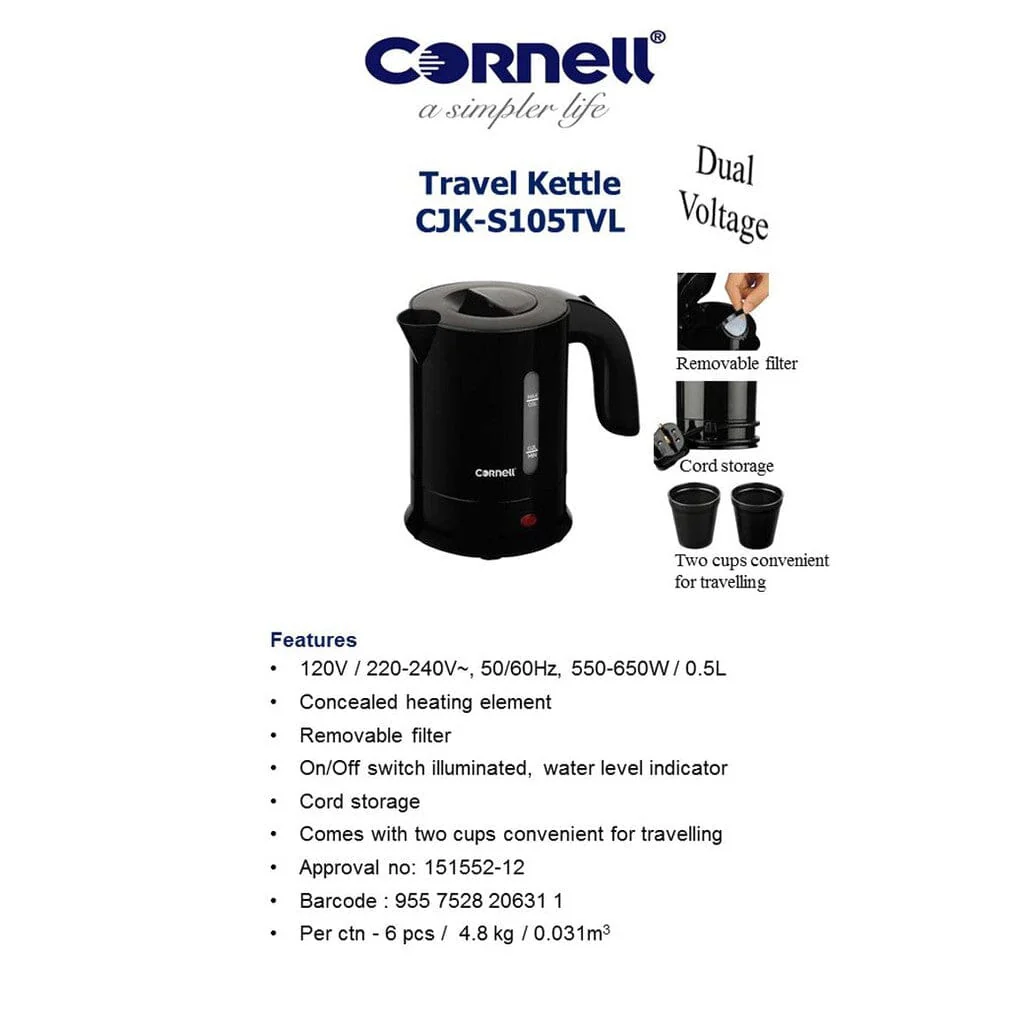 Cornell Travel Kettle 0.5L / Comes with 2 Cups CJK-S105TVL - Image 2