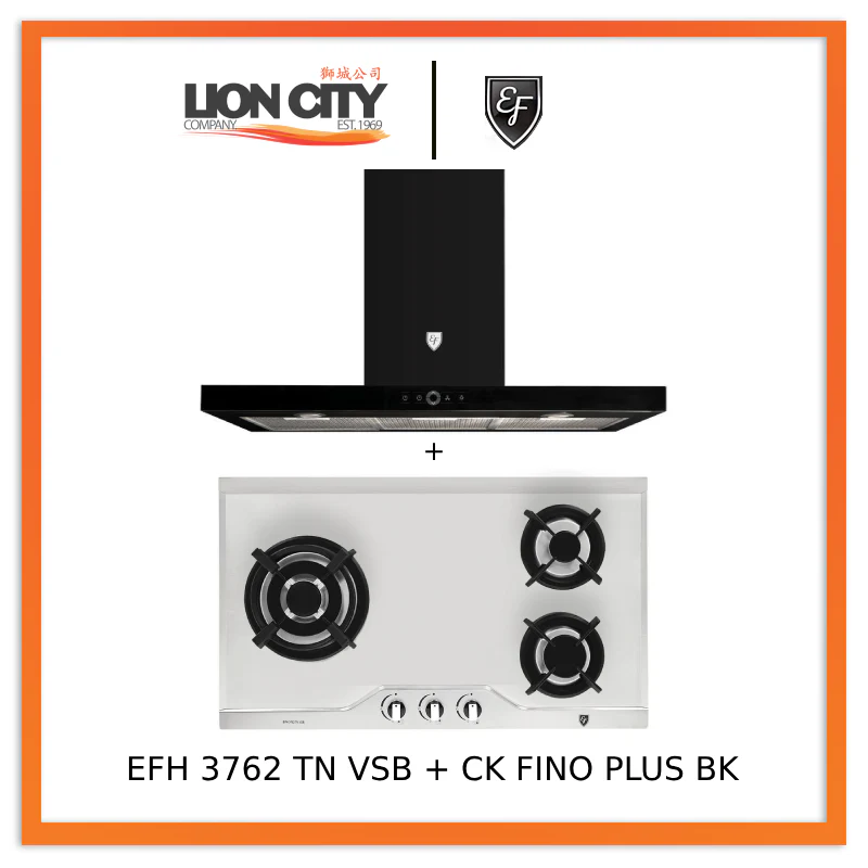 EF 90cm Chimney Hood CK FINO PLUS BK + EF EFH 3762 TN VSB 78cm Built in Stainless Steel Gas Hob