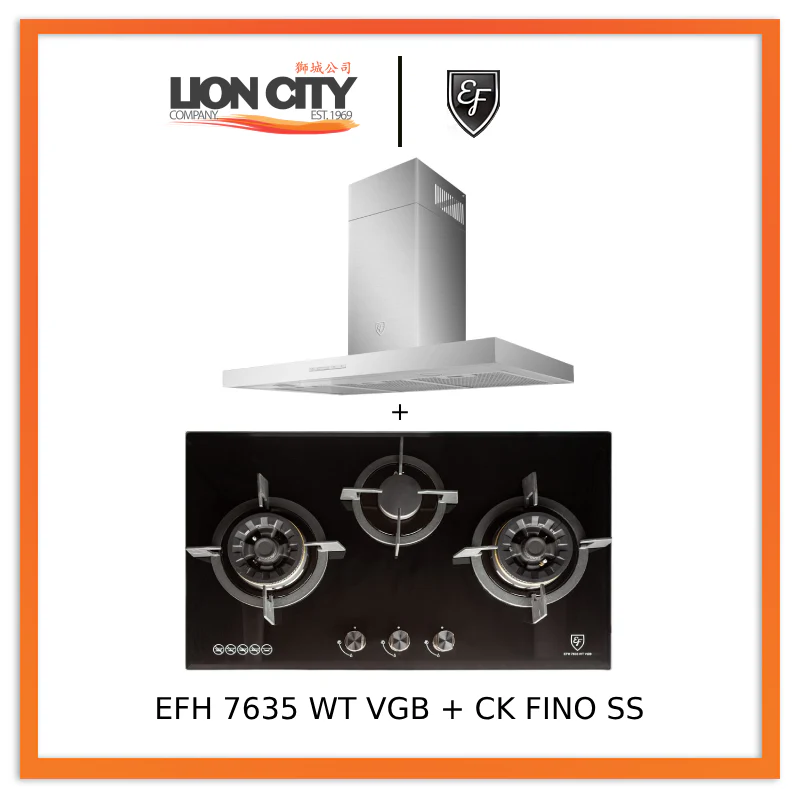 EF 90cm Chimney Hood CK-Fino SS + EF 78cm Gas Hob 3 Brass Burners EFH 7635 WT VGB