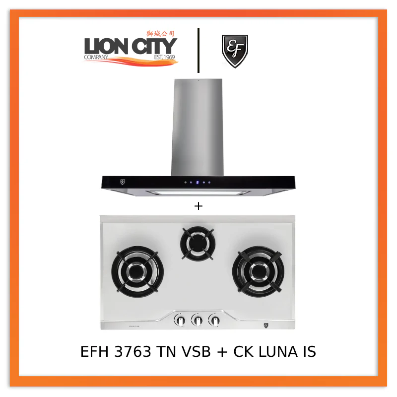 EF CK LUNA IS 90cm Island Hood + EF EFH 3763 TN VSB 78cm Built in Stainless Steel Gas Hob