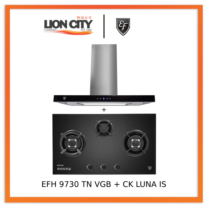 EF CK LUNA IS 90cm Island Hood + EF EFH 9730 TN VGB 3 Burners Built-In Glass Hob