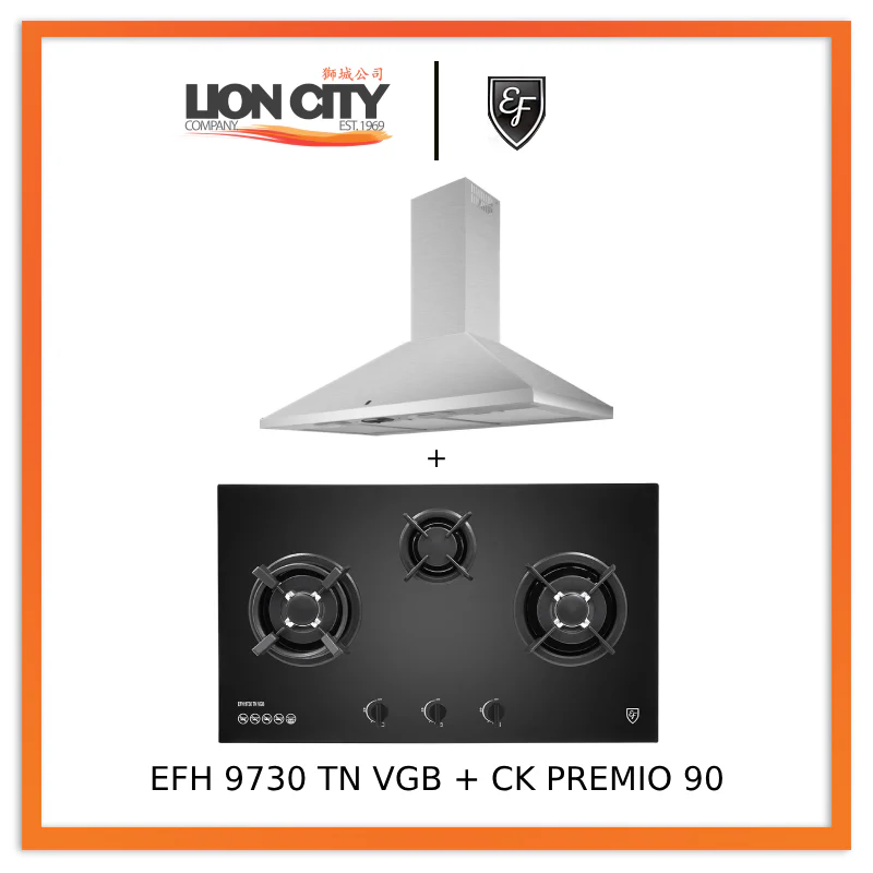 EF CK Premio 90 Chimney Hood + EF EFH 9730 TN VGB 3 Burners Built-In Glass Hob