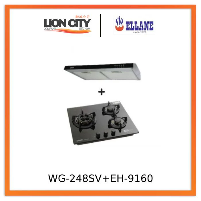 Ellane 60cm/90cm Slimline Hood With Black Panel EH-9160 + Ellane WG-248SV 3 Burner Glass Hob