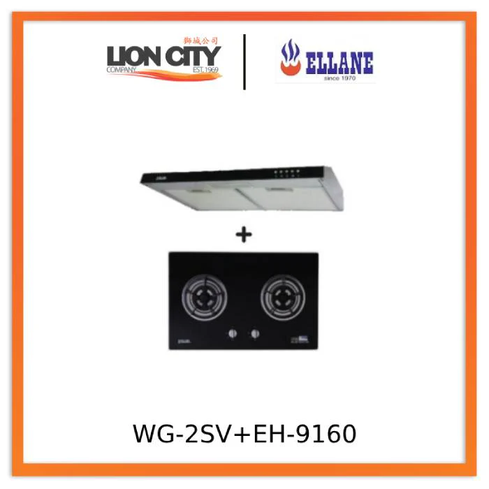Ellane 60cm/90cm Slimline Hood With Black Panel EH-9160 + Ellane WG-2SV 80cm 2 Burner Glass Gas