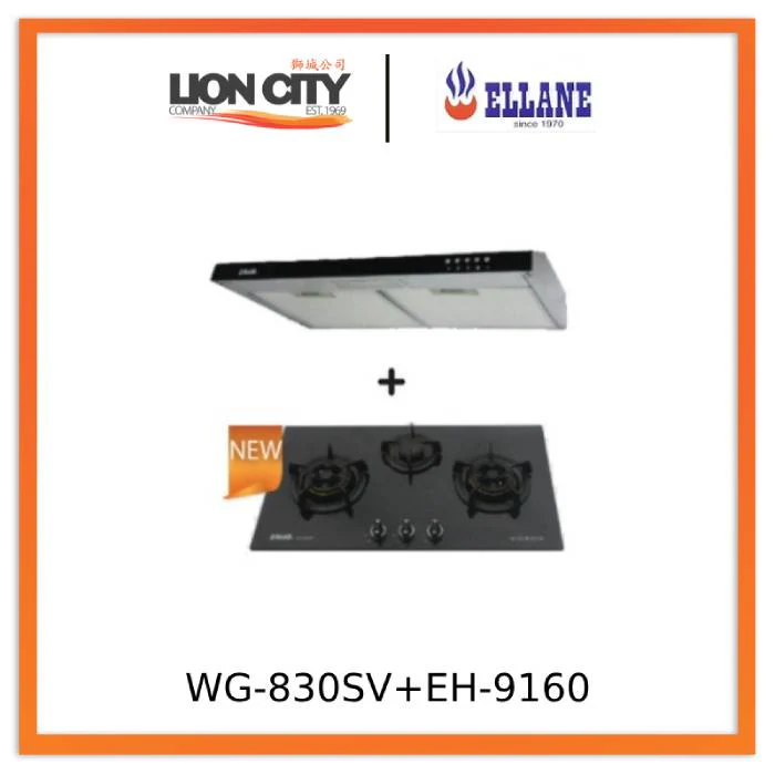 Ellane 60cm/90cm Slimline Hood With Black Panel EH 9160 + Ellane WG-830SV 87cm 3 Burner Glass