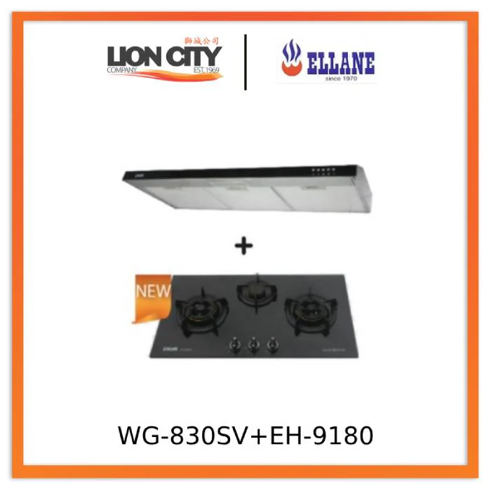 Ellane 60cm/90cm Slimline Hood With Black Panel EH 9180 + Ellane WG-830SV 87cm 3 Burner Glass