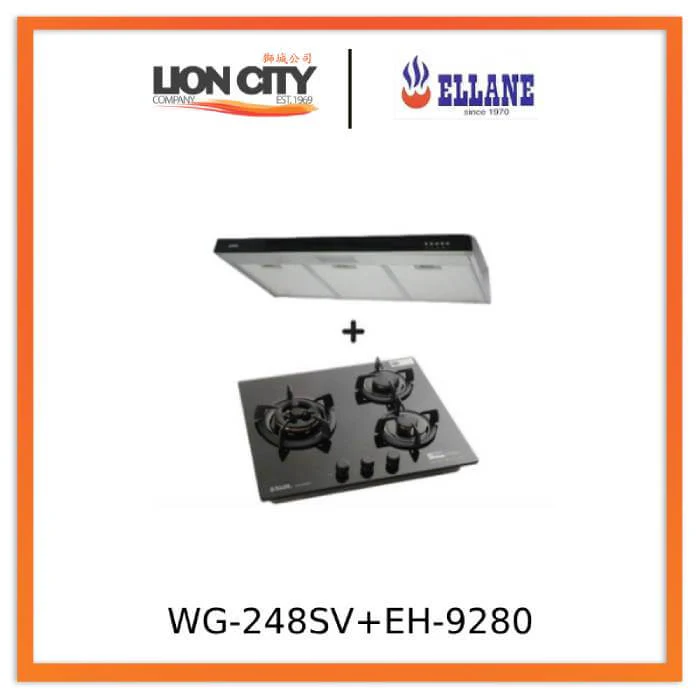 Ellane 60cm/90cm Slimline Hood With Black Panel EH-9280 + Ellane WG-248SV 3 Burner Glass Hob