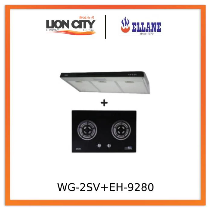 Ellane 60cm/90cm Slimline Hood With Black Panel EH-9280 + Ellane WG-2SV 80cm 2 Burner Glass Gas