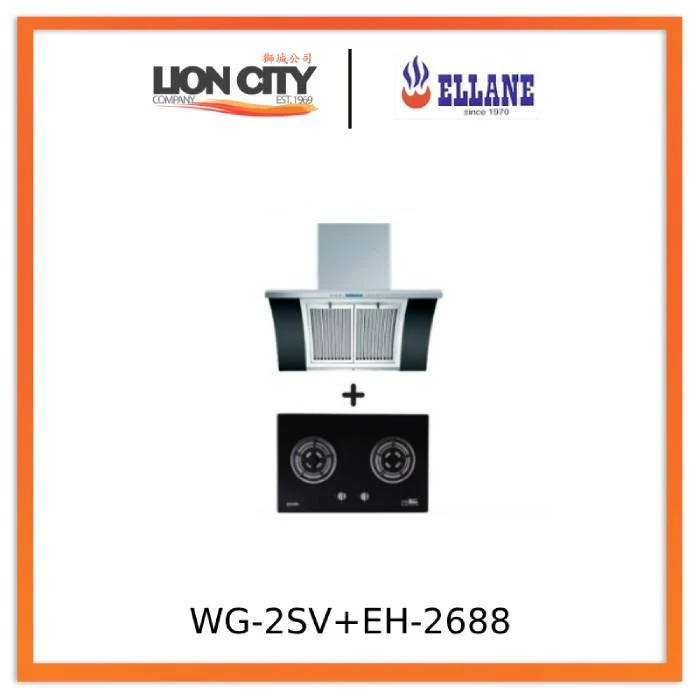 Ellane EH-2688 90cm Stainless Steel Chimney Hood With Arch Glass + Ellane WG-2SV 80cm 2 Burner Glass Gas Hob