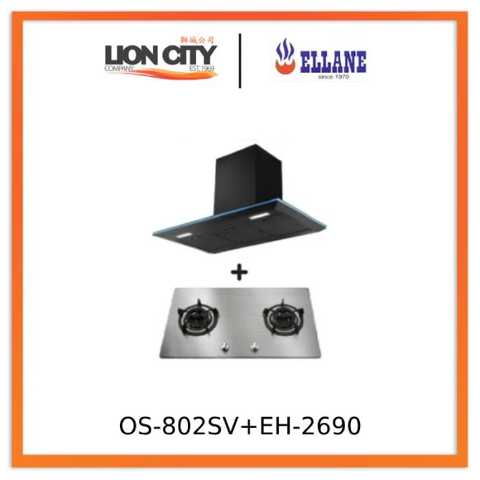 Ellane EH-2690 90cm Black Designer Chimney Hood + Ellane OS-802SV 86cm 2 Burner Stainless Steel Gas Hob