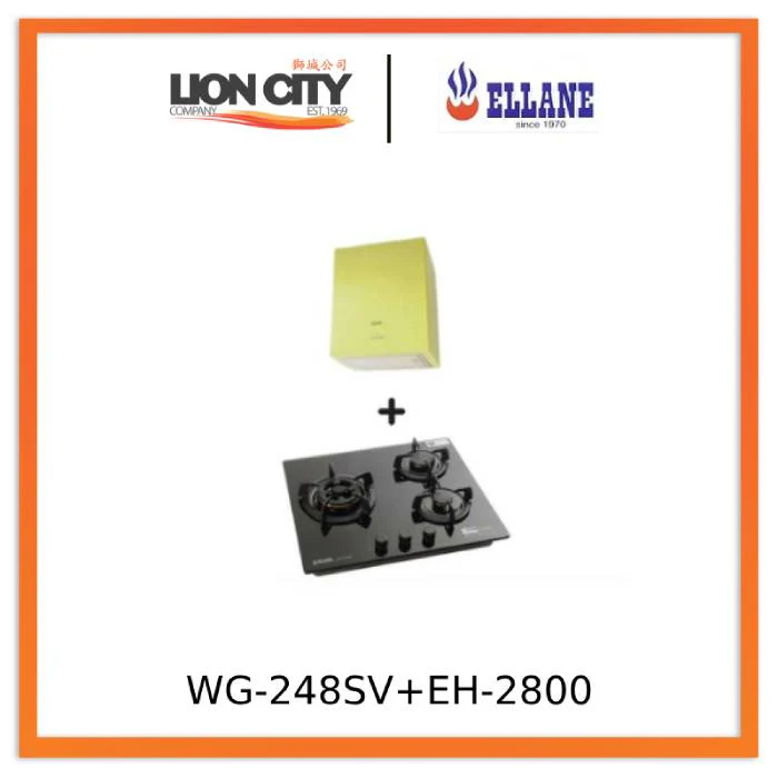 Ellane EH-2800 Apple Green 45cm Stainless Steel Box Hood + Ellane WG-248SV 3 Burner Glass Hob With Safety