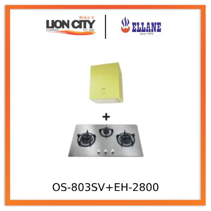 Ellane EH-2800 Black/apple Green 45cm Stainless Steel Box Hood + Ellane OS-803SV 86cm 3 Burner Stainless Steel Gas