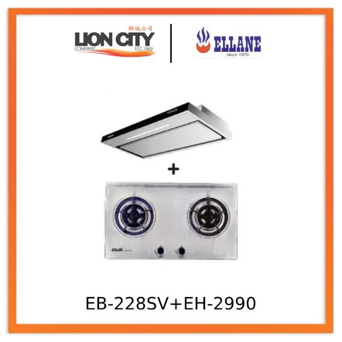 Ellane EH-2990 90cm Stainless Steel Slimline Hood + Ellane EB-228SV 75cm 2 Burner Stainless Steel Gas Hob