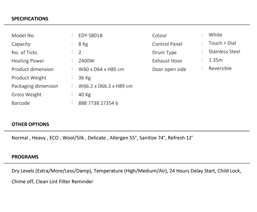 EuropAce EDY5801B 8kg Vented Dryer EDY 5801B - Image 6