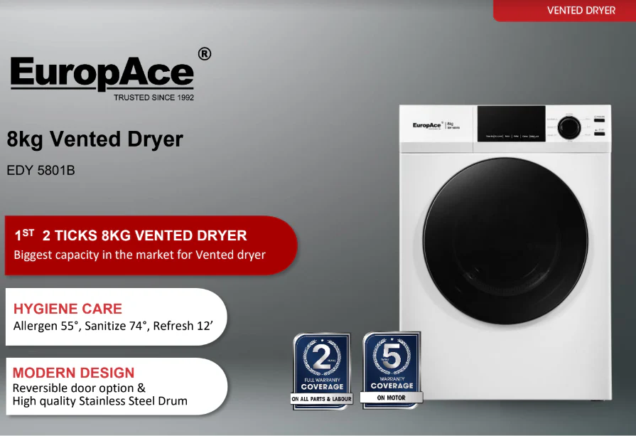EuropAce EDY5801B 8kg Vented Dryer EDY 5801B - Image 7