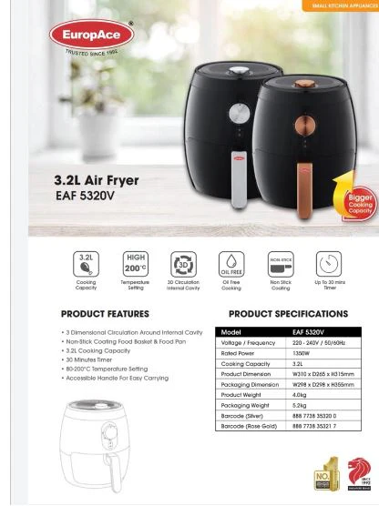 Europace EAF 5320V 3.2L Air Fryer Rose Gold - Image 4