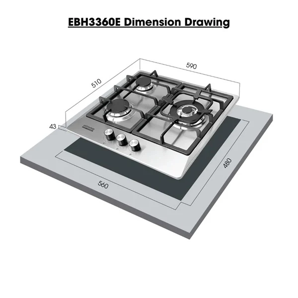 EuropAce EBH3360ELPG 60cm Built-In Stainless Steel Gas Hob (3burner) - Image 3