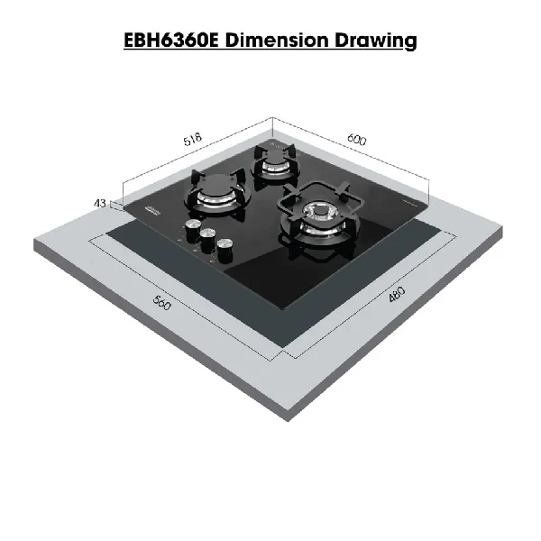 EuropAce EBH6360ELPG 60cm Built-In Glass Gas Hob (3burner) - Image 3